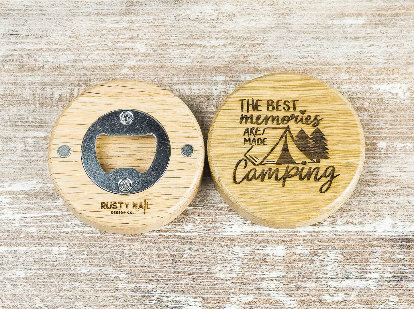 Wood Bottle Opener with Camping Engraving