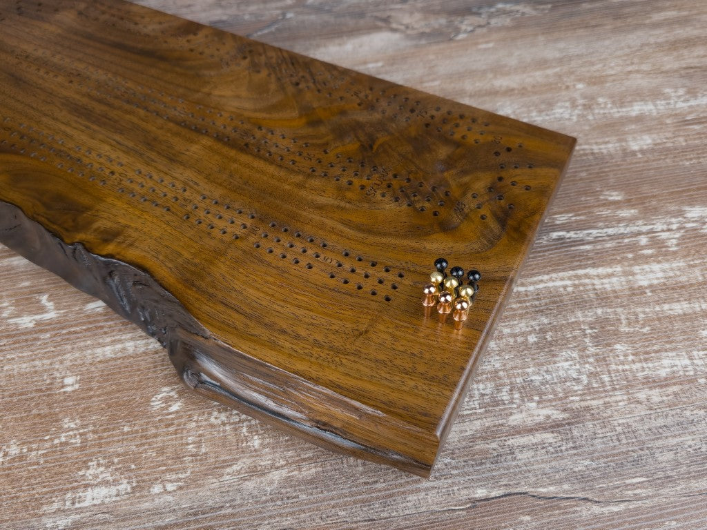 Live-Edge Walnut Cribbage Board - 3-Track - Metal Pegs - #1