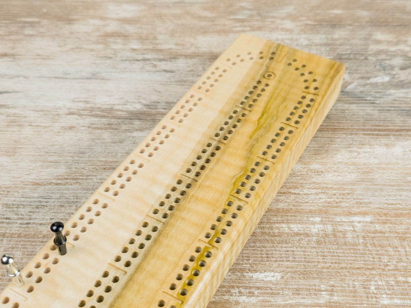 Mini Cribbage game board with pegs - Curly Maple #1