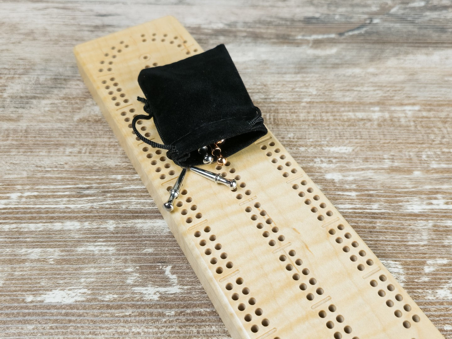 Mini Cribbage game board with pegs - Curly Maple #2