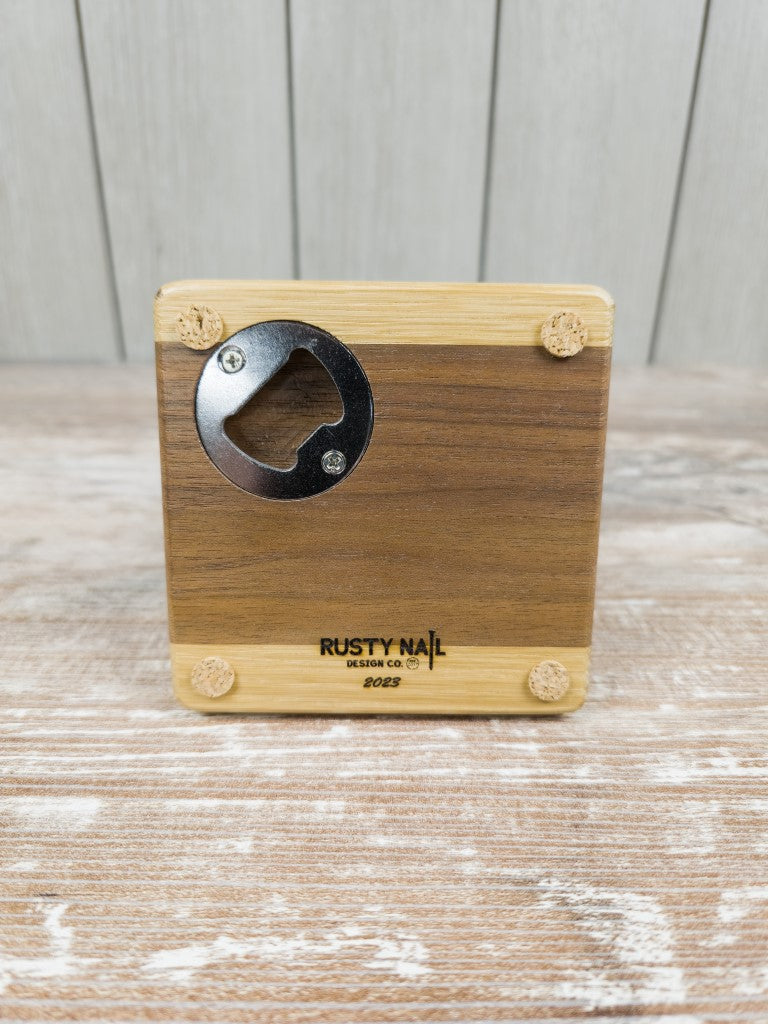 Wisconsin Football Wood Coasters with Built-in Bottle Openers