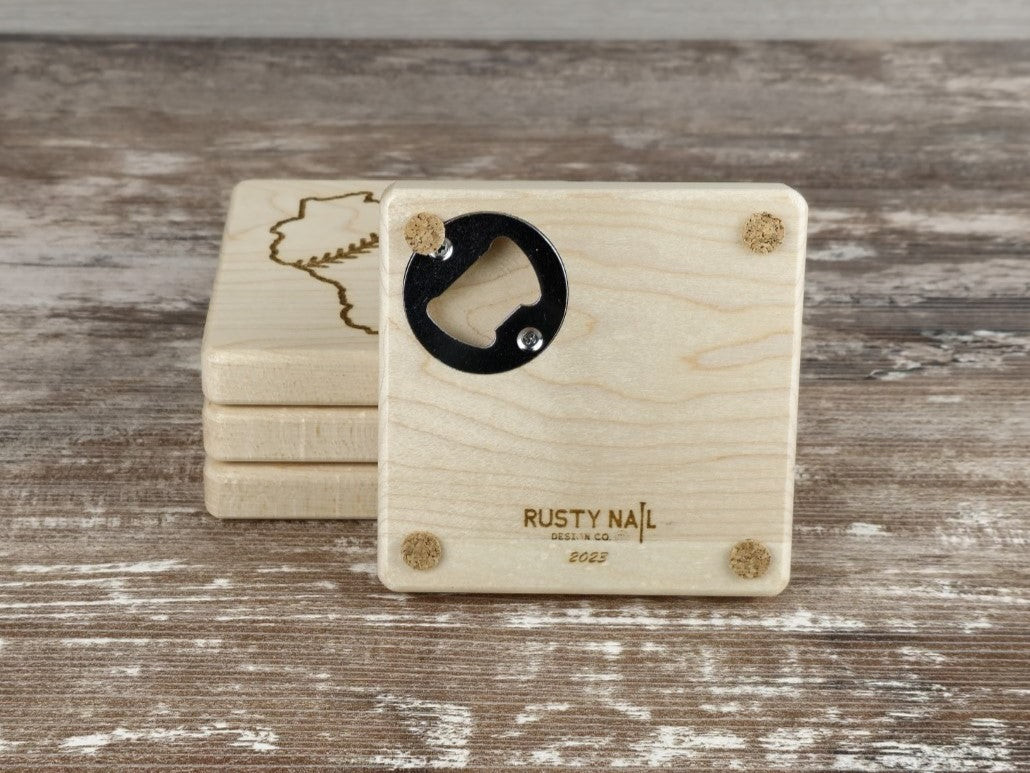 Set of 4 Wood Coasters with Built-in Bottle Openers