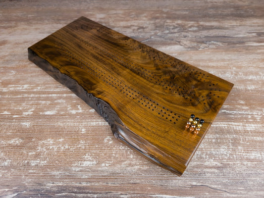 Live-Edge Walnut Cribbage Board - 3-Track - Metal Pegs - #1