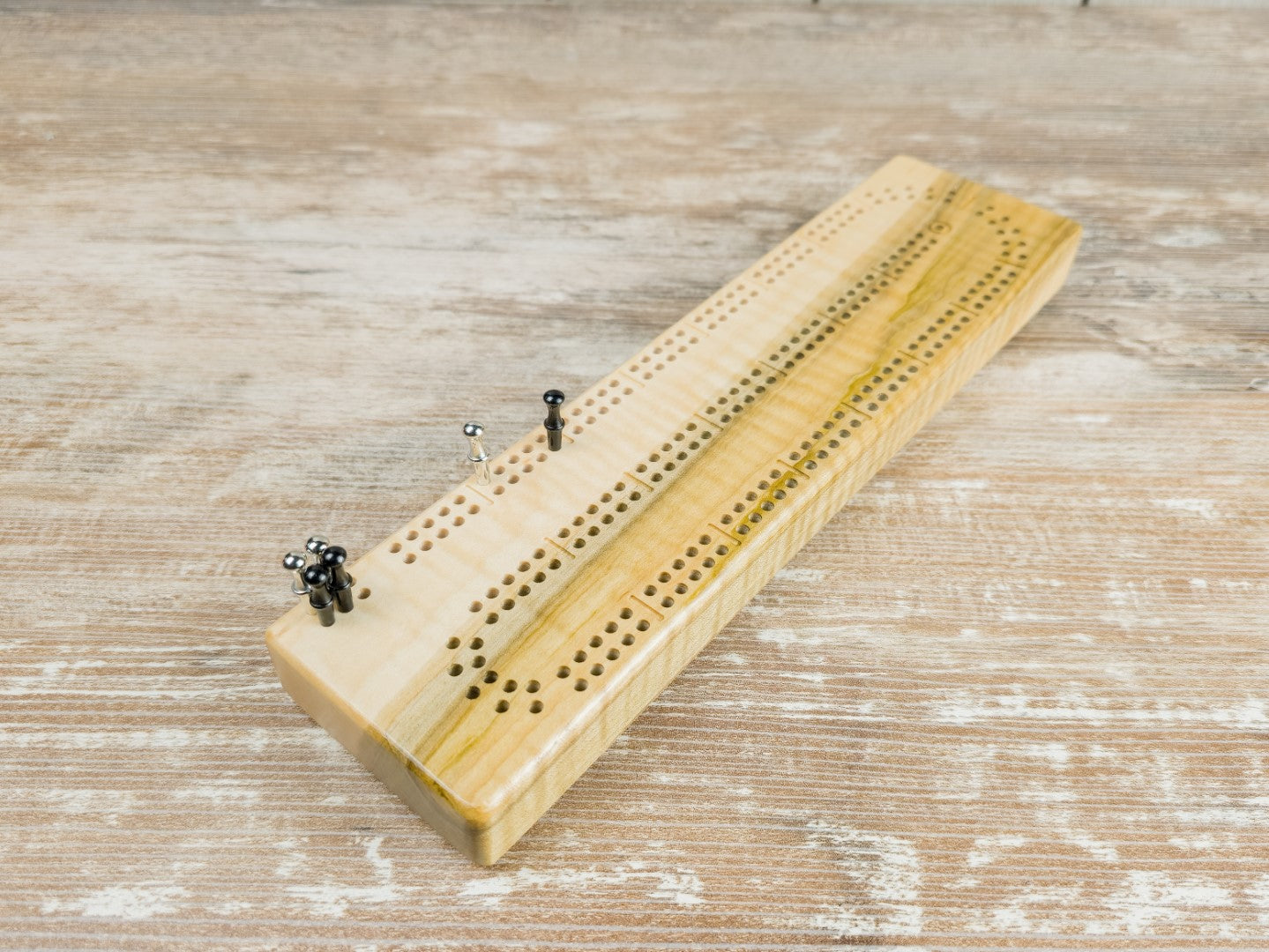 Mini Cribbage game board with pegs - Curly Maple #1