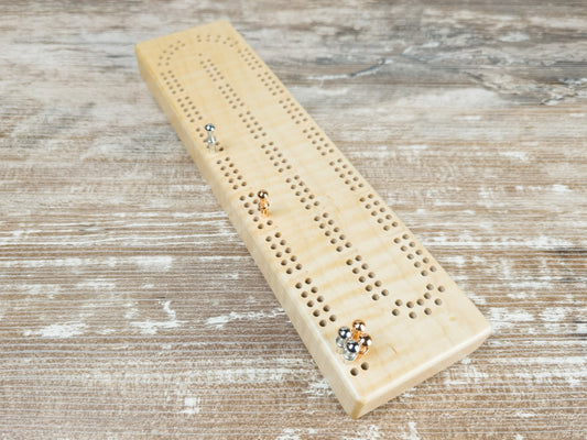Mini Cribbage game board with pegs - Curly Maple #2