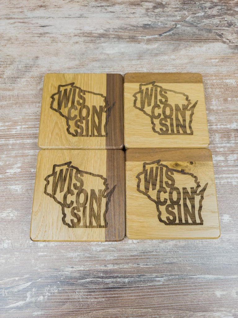 Wisconsin Wood Coasters with Built-in Bottle Openers